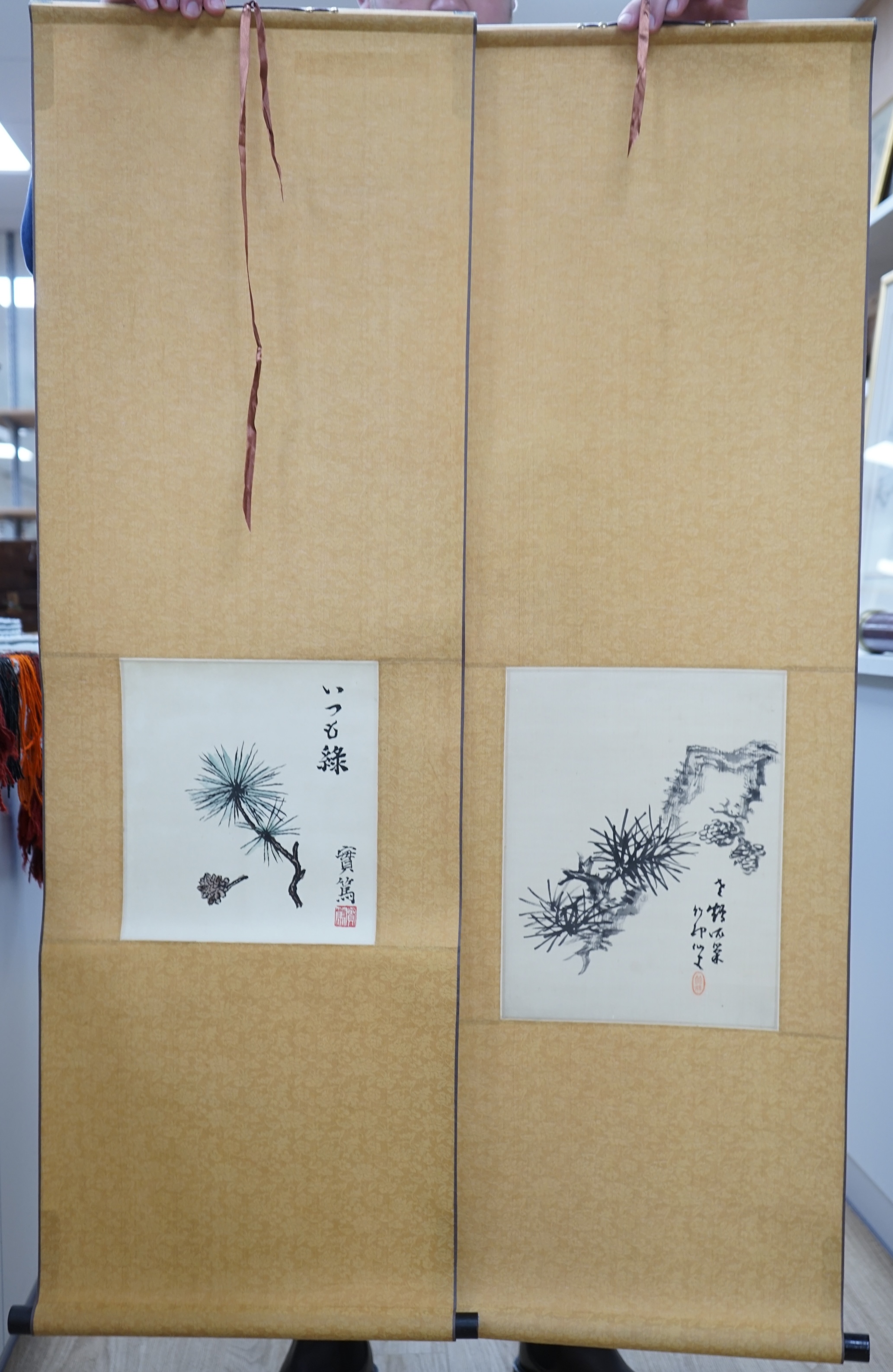 Chikusen, woodblock printed scroll, Pine-Hasu Branch and Saneatsu Mushakoji, boxed, largest 34 x 26cm. Condition- fair to good, some light staining